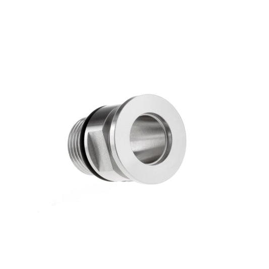 A close-up image of a Leybold North America Screw-in Flange, DN 16 KF with a threaded end. The fitting appears cylindrical in shape with a smooth, polished finish and is isolated on a white background. This type of fitting is commonly used in plumbing or industrial applications.