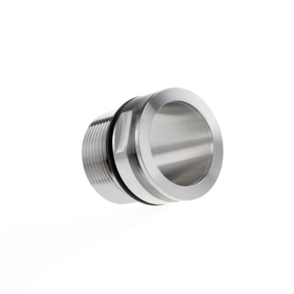The Leybold North America Screw-in Flanges DN 40 ISO-KF / G 1 1/2 (50 mm) is a durable stainless steel threaded adapter, cylindrical in shape with a smooth outer rim and inner groove. It is ideal for mechanical or plumbing connections and compatible with ISO-KF flanges and vacuum systems.