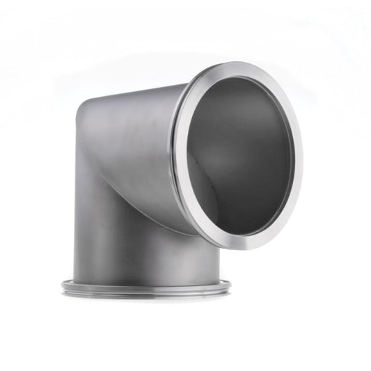 A metallic Leybold North America Elbow 90°, ISO-K with flanged ends is shown against a plain white background. The fitting is industrial-looking, with a smooth, polished surface and a large circular opening.