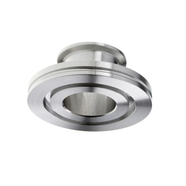 A close-up of the Leybold North America Adaptors/Reducers DN 63 ISO-K/DN 40 ISO-KF Stainless Steel flange, featuring a central hole and layered design commonly used in vacuum systems. The polished, reflective surface highlights its varying flange sizes against a plain white background.