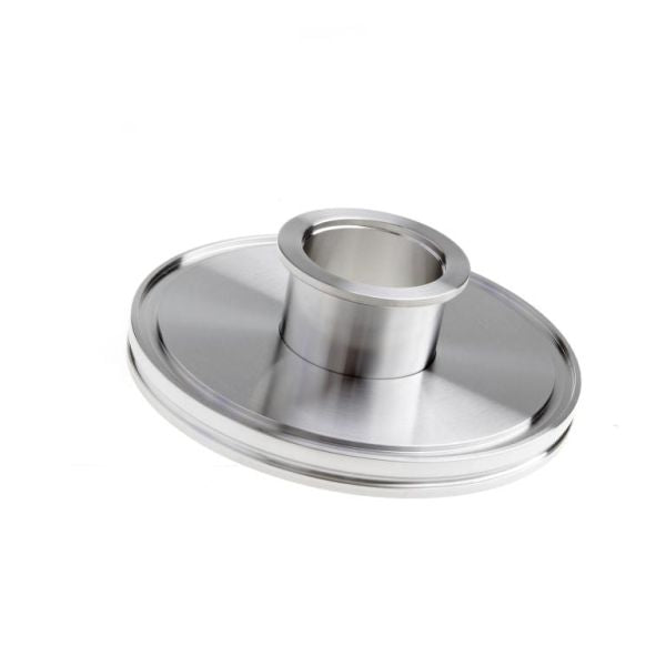 The Leybold North America stainless steel flange, Adaptors/Reducers DN 100 ISO-K/DN 40 ISO-KF, boasts a metallic circular design with a raised central section. It's shiny and smooth, ideal for vacuum applications needing an industrial touch.