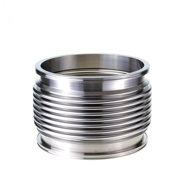 The Bellows with Flanges DN 250 ISO-K (200 mm) by Leybold North America is a shiny, metallic connector ideal for vacuum systems. It features a ribbed, cylindrical design with horizontal grooves perfect for industrial use, highlighted against a white background.
