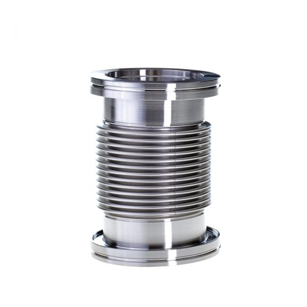 The image shows a shiny, metallic Bellows with Flanges DN 63 ISO-K (132 mm) from Leybold North America, perfect for vacuum use. It has a corrugated cylindrical design with smooth reflective ISO-K flanges on both ends and a central section of closely spaced ridges.