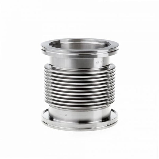 The Bellows with Flanges DN 100 ISO-K (132 mm) by Leybold North America is a metallic, cylindrical, corrugated pipe designed for connecting piping systems, providing flexibility and vibration absorption while ensuring effective vacuum sealing with smooth circular top and bottom flanges.