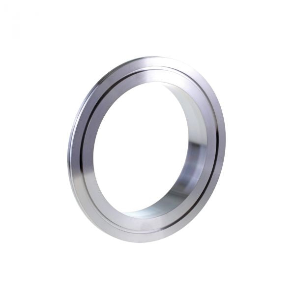 A shiny, metallic Leybold North America Reducers DN 250/200 ISO-K ring with a smooth, reflective surface—ideal for connecting different flange sizes in vacuum systems—isolated on a white background.