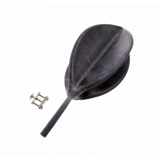A gray, paddle-shaped Rubber Bladder with Hose Clamp from Leybold North America is elegantly placed on a white background, featuring a connecting metal pin for fluid storage.