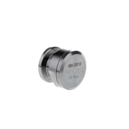 A cylindrical, metal Pressure Relief Valve, DN 16 KF from Leybold North America with an engraved label on one end showing "434/2010 PA=1150 ±40 mbar." The valve is set against a plain, white background.