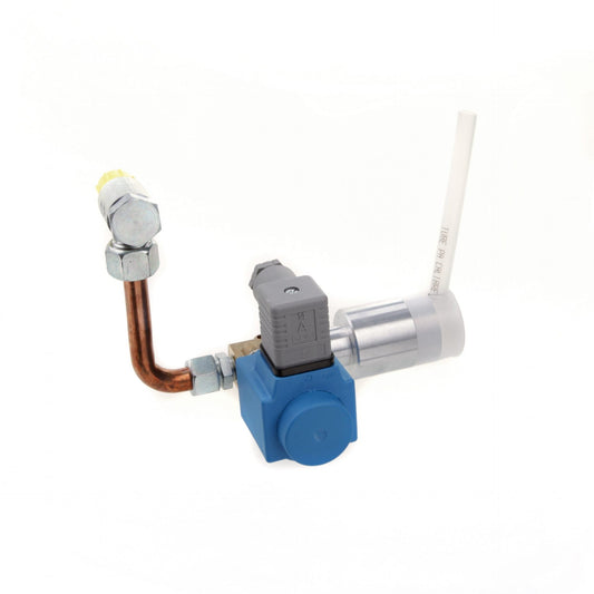 A Gas Ballast EM 24V DC for SOGEVAC SV 200 / SV 300 from Leybold North America with a blue plastic housing and a gray electrical connector. The setup includes a curved copper pipe, metallic fittings, and a transparent plastic tube. The background is plain white.