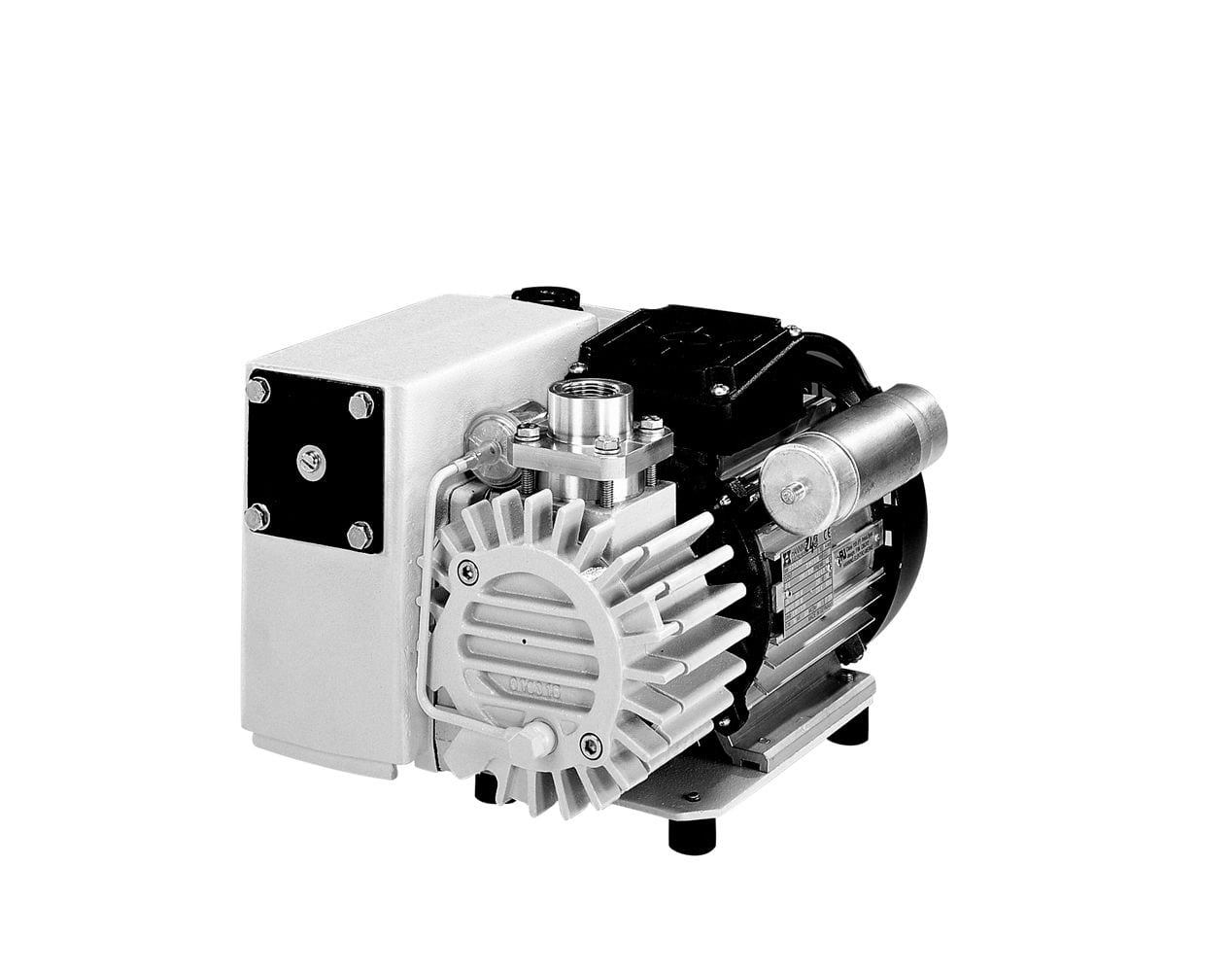 A Leybold SOGEVAC SV 16 B with a ribbed cylindrical casing and a combination of black and silver components. There are metallic pipes attached for suction and venting, and the pump is mounted on a small base with four legs.