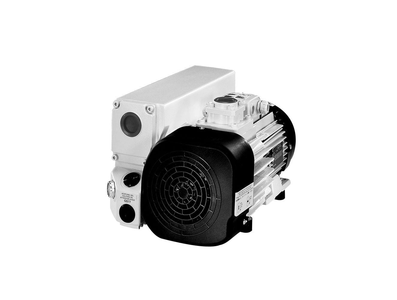 A black and white photo of a refurbished Leybold SOGEVAC SV65 BI FC-LVO700-OEM-US vacuum pump with cylindrical motor, fan cover, and control unit. Like-new condition, 12-month warranty, plain white background. Brand: Leybold North America Shop.