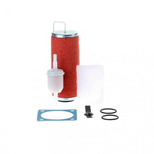 A set of vehicle parts against a white background, including a red cylindrical filter, a white small filter, a blue rectangular gasket, a black strap, a white square sponge, and two black rubber rings by Leybold North America: the Service Kit SOGEVAC SV 10 B / SV 16 B.