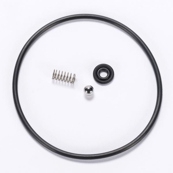 Close-up image of the Spare Part Kit for PS114 / PS115 by Leybold North America, featuring various mechanical components arranged on a white surface. The kit includes a large circular black O-ring, a smaller black rubber washer, a small metal spring, and a small silver metal ball bearing.
