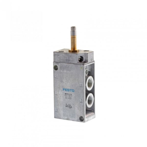 The image showcases a metal pneumatic component, which appears to be a Spare Pilot Valve for Right Angle Valves DN 250-630 ISO-K. It features a vertical cylindrical rod and three circular openings on its side, with the brand "Leybold North America" prominently displayed on its surface against a plain white background.