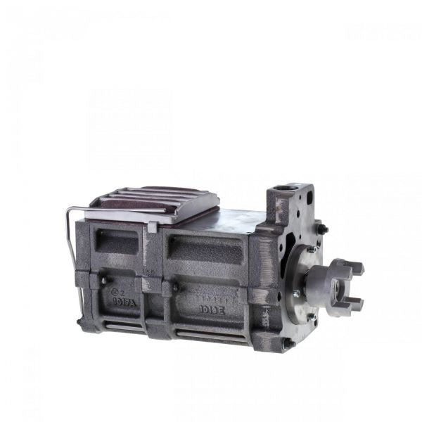 A Vacuum Generator Module TRIVAC D 25 B featuring a compact, robust design with a metallic housing. The module has multiple ridges and a cylindrical output shaft on one side. It is designed for industrial applications, offering durability and high performance for machinery. The product is by Leybold North America.