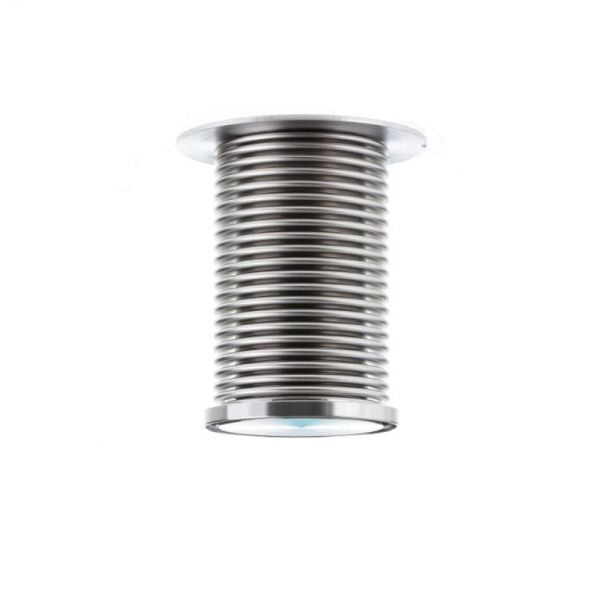A Bellows feedthrough for right angle-/straight through valve DN 40 ISO-KF from Leybold North America is shown against a white background. The product features a modern design with specialized fittings at the top and bottom for secure connections.