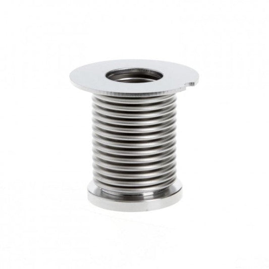 The Bellows feedthrough for right angle-/straight through valve DN 25 ISO-KF by Leybold North America is a cylindrical, metal helical spring with a wide, flat top and bottom. The top features a central opening and has a narrow notch cut out on one side. The surface of the spring is uniformly grooved with evenly spaced coils, set against a plain white background.