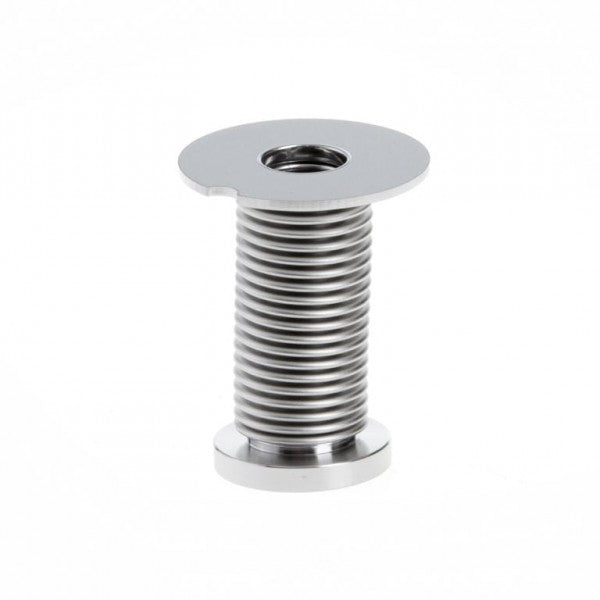 The Bellows feedthrough for right angle-/straight through valve DN 16 ISO-KF by Leybold North America is a cylindrical metal component featuring a threaded body, a flat circular top with a central hole, and a notched section on the edge. The bottom also consists of a flat circular base, making it ideal for attachment or fastening purposes.