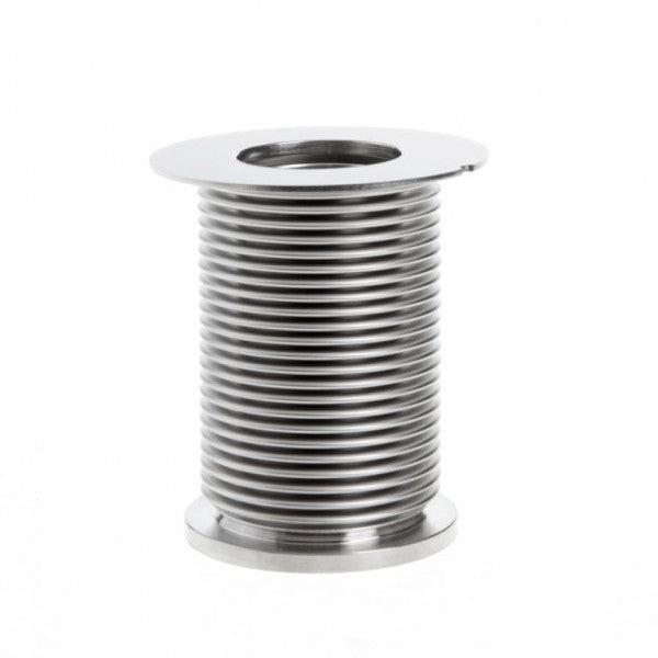 Introducing the Bellows Feedthrough for Right Angle-/Straight Through Valve DN 50 ISO-KF by Leybold North America. This stainless steel, flexible bellow-style tube connector features a series of corrugated ridges and flat, flange-like ends, specifically designed to absorb movement, vibration, and thermal expansion in piping systems. The product is showcased against a plain white backdrop.