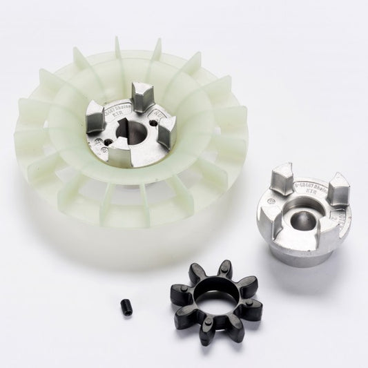 A disassembled Coupling compl. TRIVAC S/D16-25B by Leybold North America displayed on a white background. The set includes a large circular fan-like part, two smaller metallic parts, a black star-shaped piece, and a tiny black screw. The components feature precise machining details.