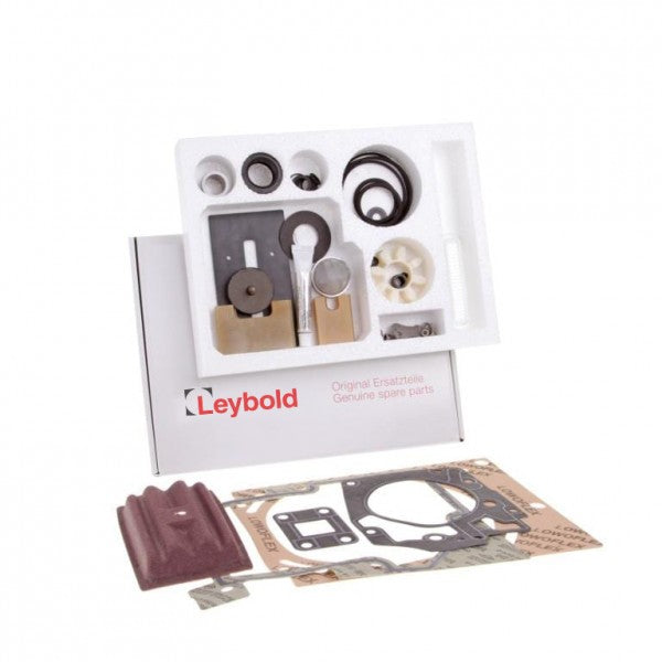 A opened white packaging box with "Leybold North America" branding on it displays an assortment of genuine spare parts, including gaskets, O-rings, and various small metal and plastic components from the Major Maintenance Kit (excludes oil) TRIVAC D 40 BCS, organized neatly in a plastic tray and laid out on a surface.