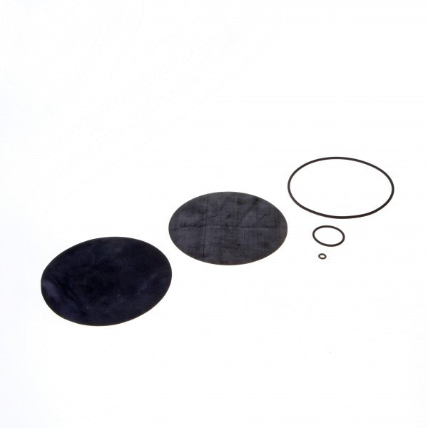 A set of five black circular rubber gaskets from the Leybold North America Seal Kit for MR 50 - VITON / EPDM are arranged in a line from large to small against a plain white background, showcasing excellent sealing performance.