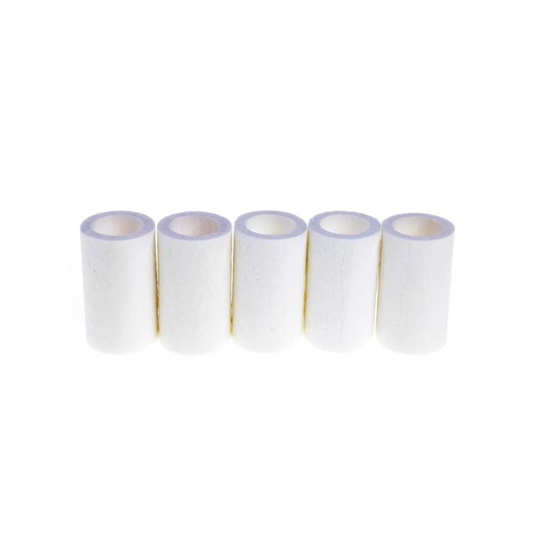 The image shows five Replacement Filter Element FE 8 - 5 pcs. from Leybold North America lined up in a row against a plain white background. Each filter element is uniform in size and shape, appearing to be made of a soft, fibrous material. The objects are evenly spaced and stand upright.