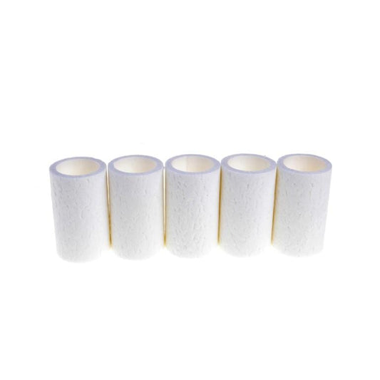 Five white, textured cylinders are arranged in a horizontal line next to each other. These objects are evenly spaced and stand upright against a plain white background. The smooth, uniform appearance suggests they may be Replacement Filter Element FE 10 5-Pack by Leybold North America.