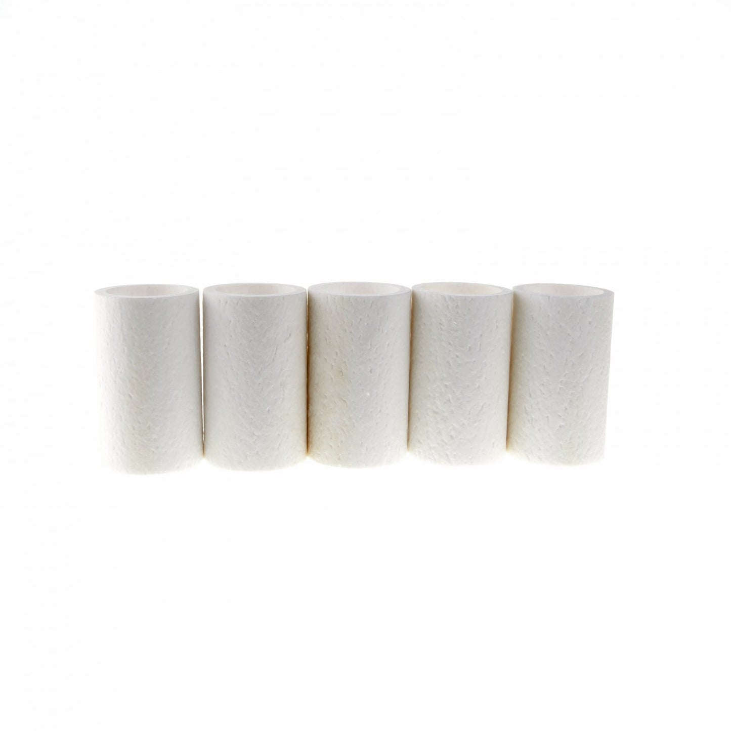 Five Replacement Filter Element FE 16 - 5 pcs by Leybold North America are aligned vertically in a row against a white background.