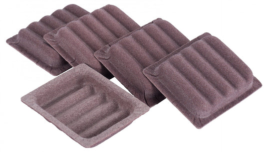 Several dark brown padded shipping inserts are stacked together, with one insert flipped over to display a central compartment. The inserts have a ribbed texture, providing cushioning and protection for items during transit. Featured in the stack is the Internal Demister TRIVAC S/D25B (5 pcs) by Leybold North America.