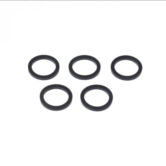 Five identical Spare Gasket DN 16 CF (Set of 5 pcs) from Leybold North America are evenly spaced against a white background. Each gasket is circular with a smooth surface.