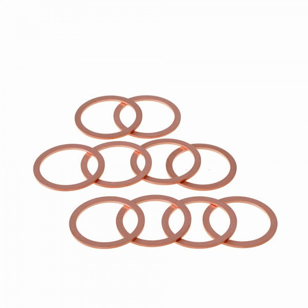 Copper Gaskets for CF Flanges DN 40 CF by Leybold North America are displayed in two overlapping rows on a white background. These circular, metallic washers have a shiny surface, making them perfect for vacuum applications.