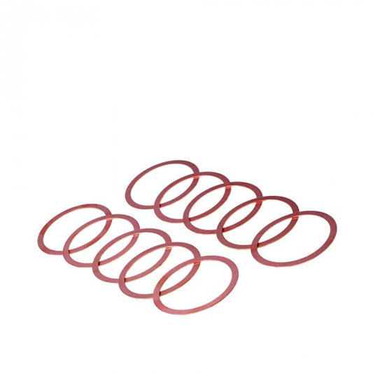 The image shows a collection of eight reddish-brown circular gaskets arranged in two staggered rows on a plain white background. The gaskets are thin and appear to be made of rubber or a similar material. The product depicted is the Spare Gasket DN 63 CF (set of 10 pc) by Leybold North America.