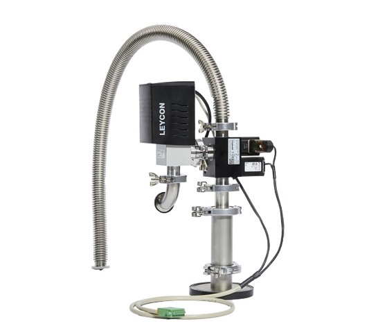 A sophisticated laboratory apparatus for fluid handling, featuring a flexible hose, control unit, and cylindrical components with connectors and gauges. The device is branded with "Leybold North America" on the main vertical cylinder and is identified as the Partial Flow System for PHOENIX - 100-230 V - 50/60 Hz; a power cable rests on the ground.