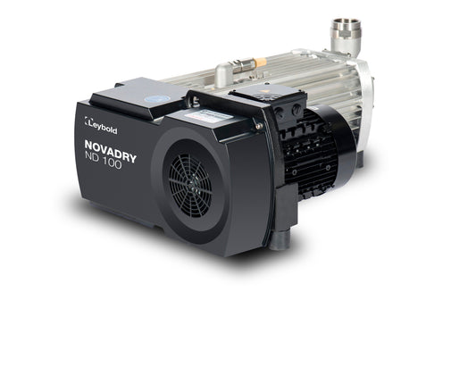 Image of a NOVADRY ND 100 by Leybold. The black and metallic pump features a prominent fan unit and multiple cooling fins, designed for industrial and laboratory applications. A small logo and model name are visible on the left side.