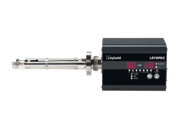 The LEYSPEC view 200S by Leybold North America is a high-precision scientific instrument featuring a long metallic probe and a digital display that shows "60" on the left and "8" on the right, with additional buttons and indicators situated below the display.