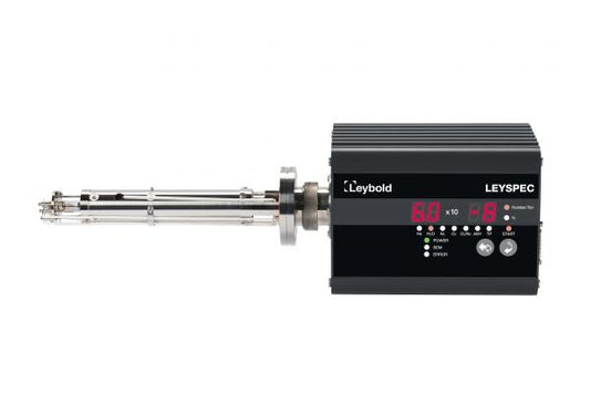 A Leybold North America LEYSPEC view 200 mass spectrometer apparatus with a digital display showing readings of 6.0 and 8. The device has a horizontal cylindrical body with multiple ports and connectors extending from the left side, and the brand name "Leybold North America" is visible on the top.