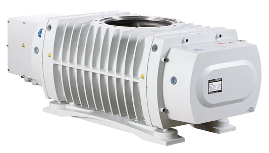 The Leybold North America RUVAC WH 7000 - 400V is a large industrial vacuum pump featuring a white metal casing, ribbed sides for heat dissipation, labeled control panels, and a sturdy base for secure placement.