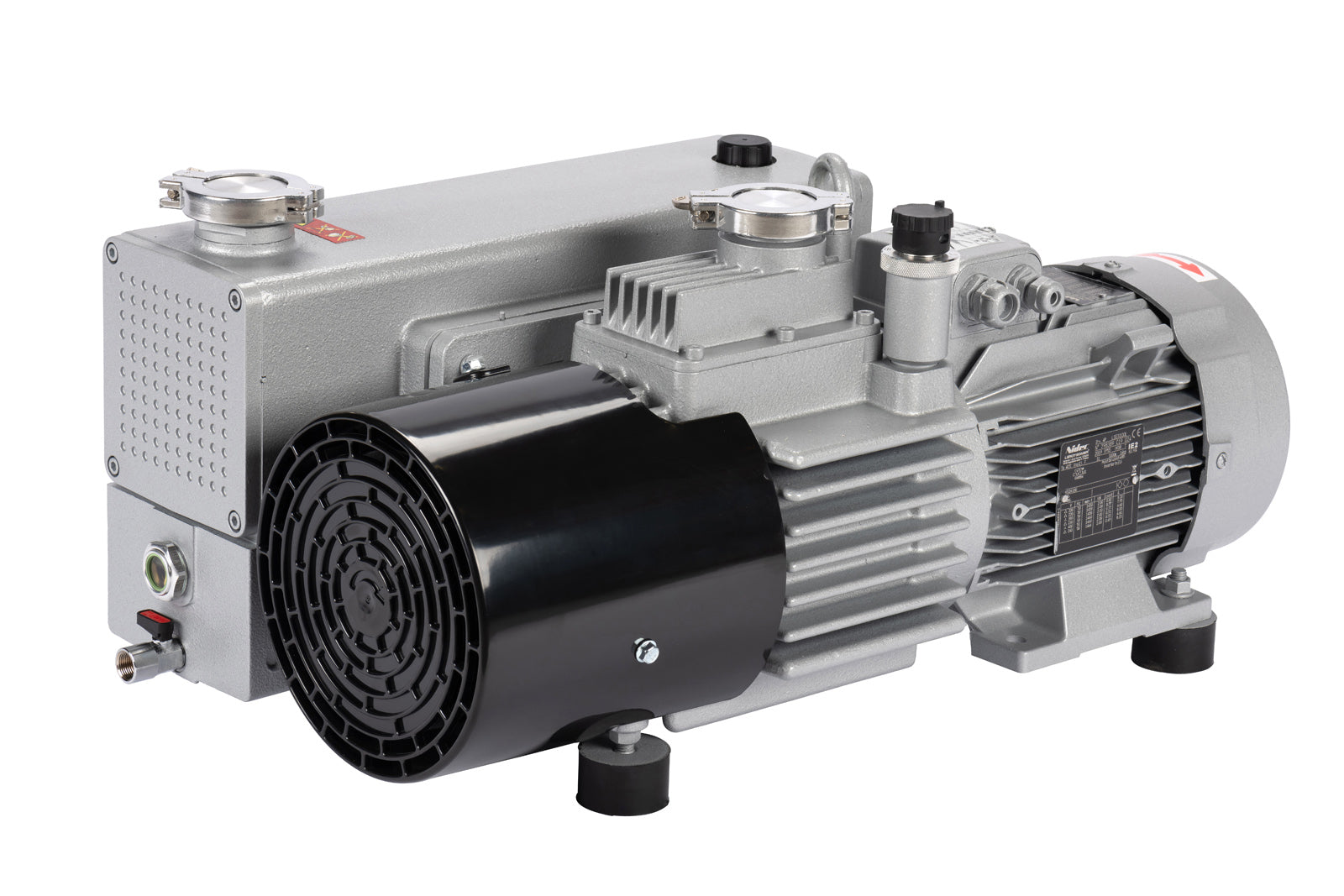 A Leybold NEO D65 with a grey body and black cylindrical component. The pump features various valve connections and bolts, with detailed ridges and an attached motor. It sits on small rubber feet for stability.