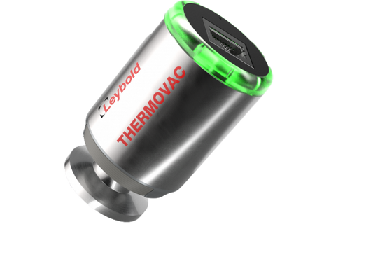 A cylindrical stainless steel vacuum gauge sensor branded "Leybold North America" with "THERMOVAC TTR 91 RN" written on its side. The sensor has a green illuminated ring at the top, indicating it is powered on, and features a mounting flange at the bottom.