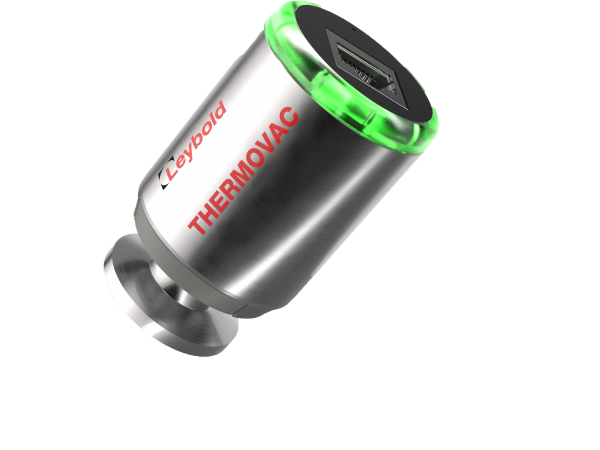 Image shows a Leybold North America THERMOVAC TTR 91 RN vacuum gauge. The cylindrical device has a metallic finish, with "Leybold" and "THERMOVAC" written in red letters on its side. The top of the gauge features a digital display and is surrounded by a green illuminated ring.