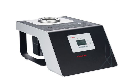 The Leybold North America TURBOLAB 450 Table Top Version DN 160 CF features a sleek black and silver design with a digital display, circular top opening, and logo-display, ideal for high-precision lab processes.