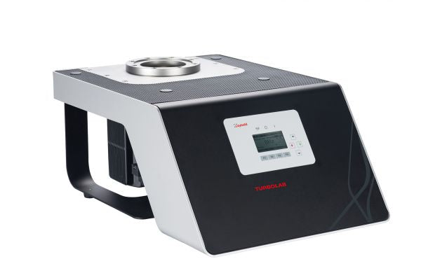 A compact, black and gray tabletop laboratory instrument labeled "TURBOLAB 350 Table Top Version" by Leybold North America. It features a digital display with several buttons, a round metallic component on top, and curved stands supporting the device. Suitable for various scientific and analytical applications.