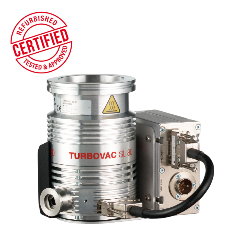 A silver Leybold TURBOVAC SL80H vacuum pump, DN 63 CF / DN 16 KF (Refurbished), with attached electronics—ideal for high-vacuum use. A red "Certified Refurbished, Tested & Approved" stamp is in the top left corner.