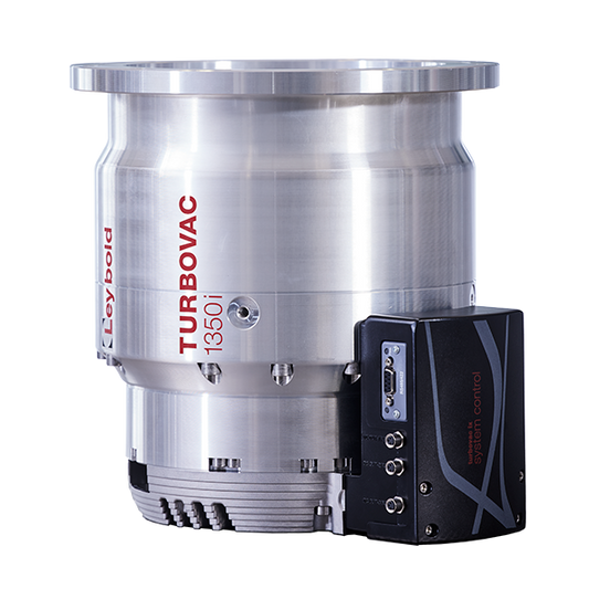 A stainless steel TURBOVAC 1350i vacuum pump by Leybold North America Shop is shown. The pump has a cylindrical shape with metallic finishes and a label displaying the brand and model. A black electronic control unit is attached to its side.