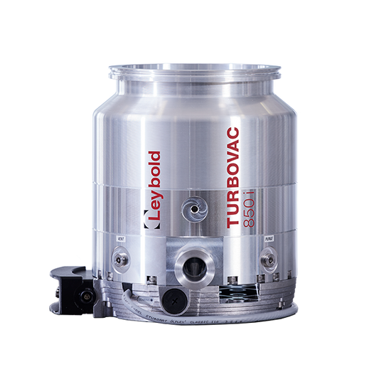 A metallic cylindrical device labeled "Leybold North America Shop TURBOVAC 850iX", with various ports and components, typically used for vacuum applications. The device appears sleek and industrial, with a silver finish and red branding.