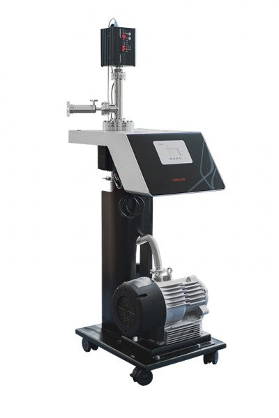 The LEYSPEC Cart 100 S by Leybold North America is an industrial machine featuring a rectangular console with a digital display, mounted on a wheeled vertical stand. It includes a connected motor or pump beneath the console, along with necessary wiring and various mechanical components.