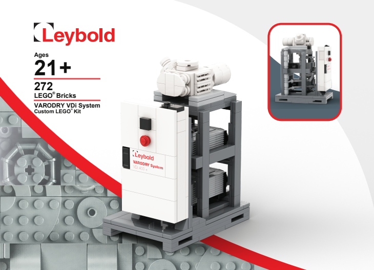 The Limited Edition VARODRY VD400i+ Lego Set by Leybold North America features 272 bricks, designed for ages 21+. It showcases intricate machinery details with the prominent Leybold logo.