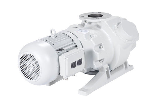 The Leybold North America RUVAC WSU 1001 features a robust light gray design with a cylindrical motor, large rounded housing, DN 100 PN6 flange connection, LVO 100 oil for reliable high vacuum performance and easy mounting.