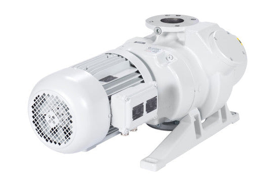 The Leybold North America RUVAC WSU 501 - DN 63 PN6 Connection Flange is a high-performance gray rotary vane vacuum pump with a cylindrical motor, cooling vents, mounting base, visible bolts, and top intake flange for heavy-duty use.