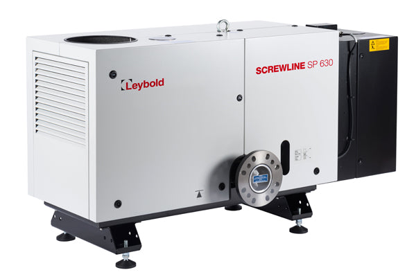 Image of a Leybold SCREWLINE SP 630 vacuum pump. The device is white with black accents and mounted on black legs. It features an air vent, a display panel, and the brand name "Leybold" in red on the side. The model name "SCREWLINE SP 630" is clearly printed on the front.